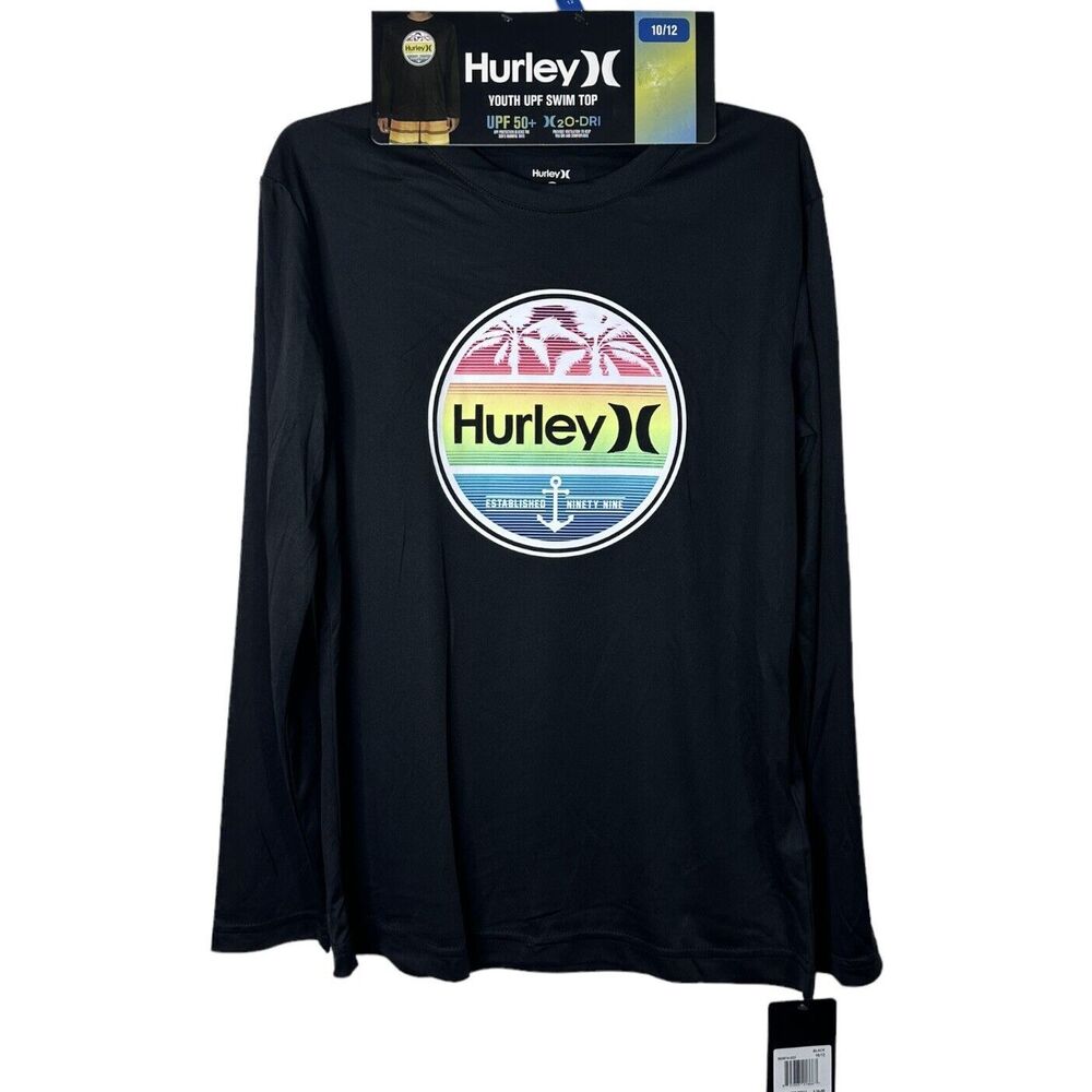 Hurley Youth SPF 50+ Swim Top Size 10/12 Black Long Sleeve Unisex Swimwear